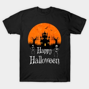 Haunted Castle Dancing Skeleton Happy Halloween T-Shirt